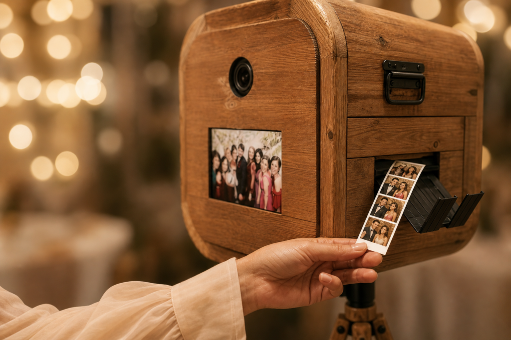 Ruka vyťahuje čerstvo vytlačený fotopásik z drevenej fotobúdky