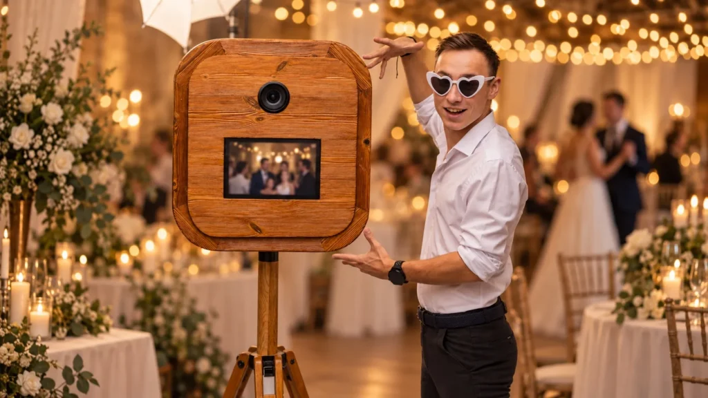Vysmiaty operátor fotobúdky so srdiečkovými okuliarmi pózuje na svadobnej hostine
