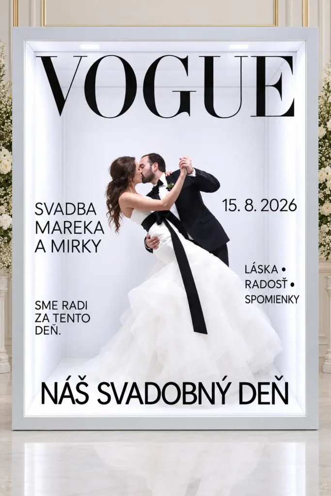 Svadobný fotobox v dizajne obálky Vogue s tancujúcimi novomanželmi